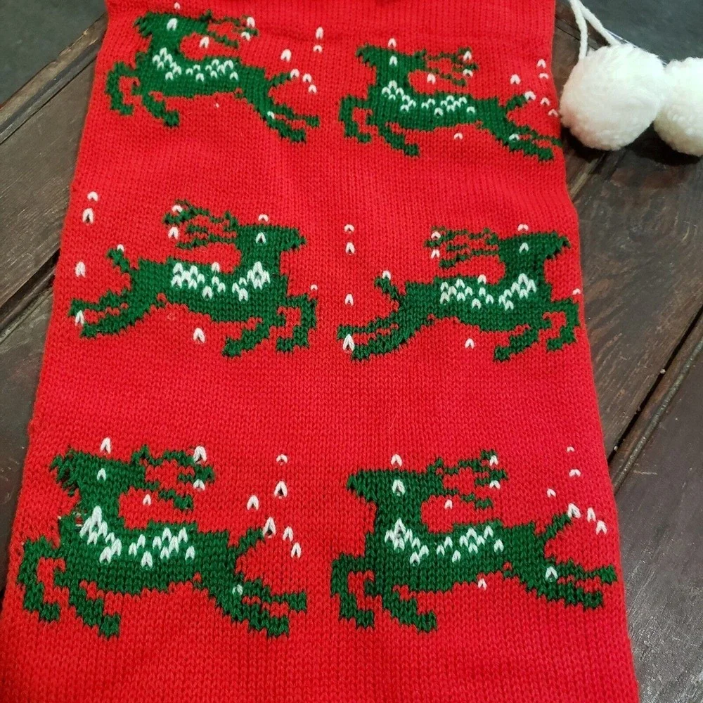 Vintage Retro Knit REINDEER‎ Christmas Stocking Red Green 36